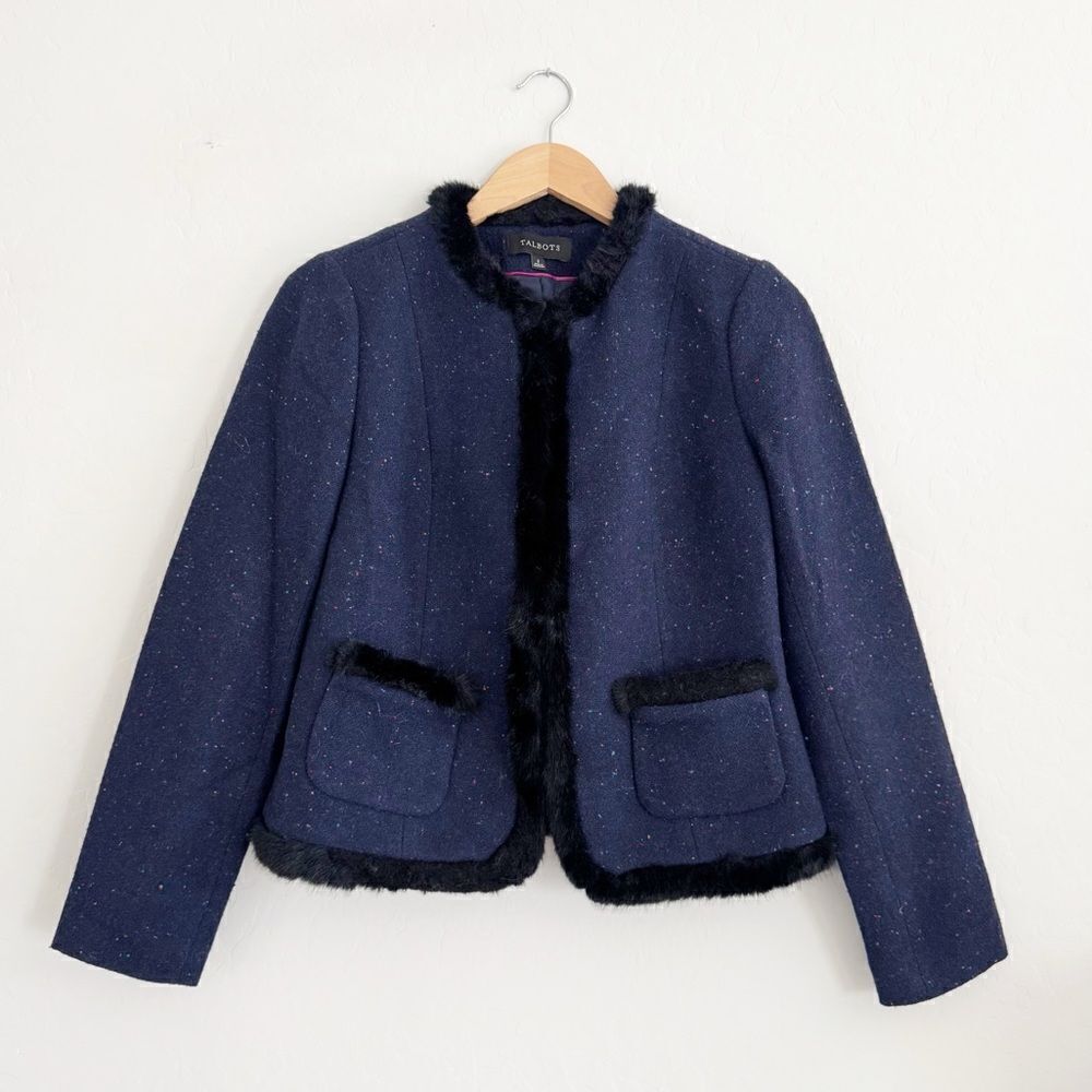 Talbots Wool Blend Fur Trimmed Jacket Blazer in Speckled Blue Size 2 - Picture 2 of 8